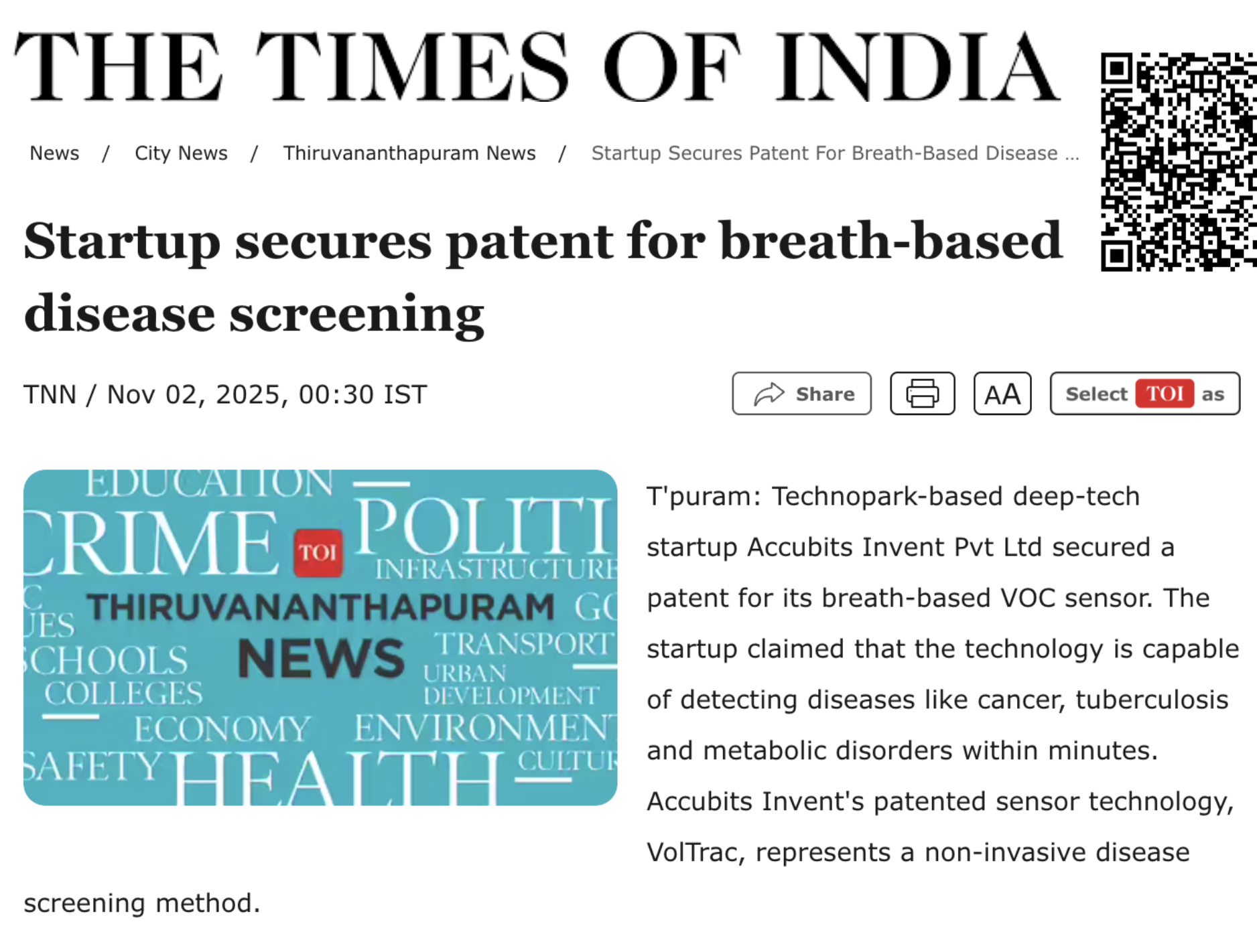 Times of India article on breath-based disease screening patent